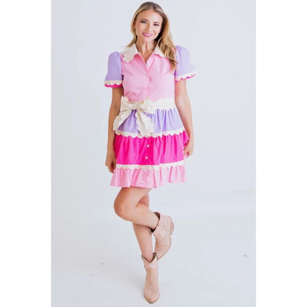 Karlie Scalloped Button Front Cutie Pie Mini Dress‎ Pink Size Large